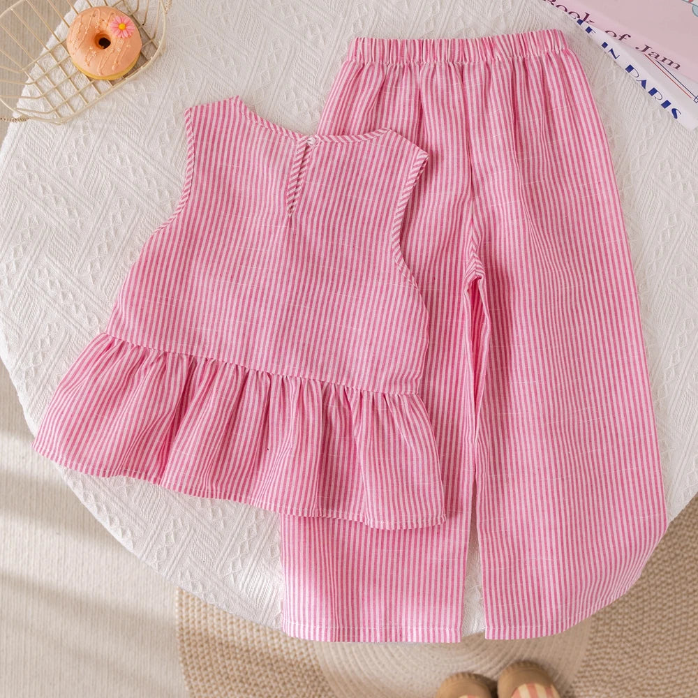 Humor Bear Girls' Summer Set – Pink Striped Bow Vest & Pants (2-Piece) - Inarah Trade Ltd