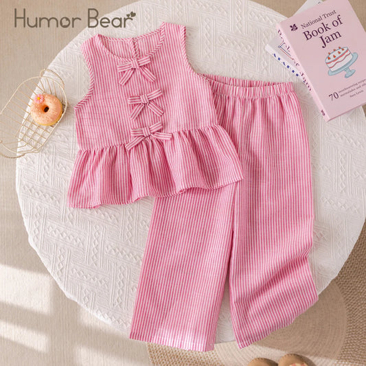 Humor Bear Girls' Summer Set – Pink Striped Bow Vest & Pants (2-Piece) - Inarah Trade Ltd