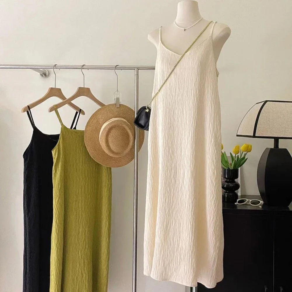 Vintage Sleeveless Pleated Midi Dress – Women’s Camisole Style - Inarah Trade Ltd