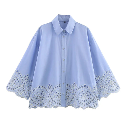 TRAF 2025 Embroidered Hollow Shirt – Women’s Spring Top - Inarah Trade Ltd