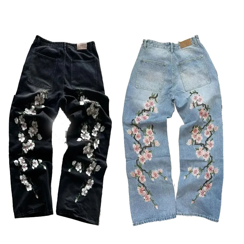 Y2K Gothic Cherry Embroidered Wide-Leg Jeans – Unisex Streetwear - Inarah Trade Ltd