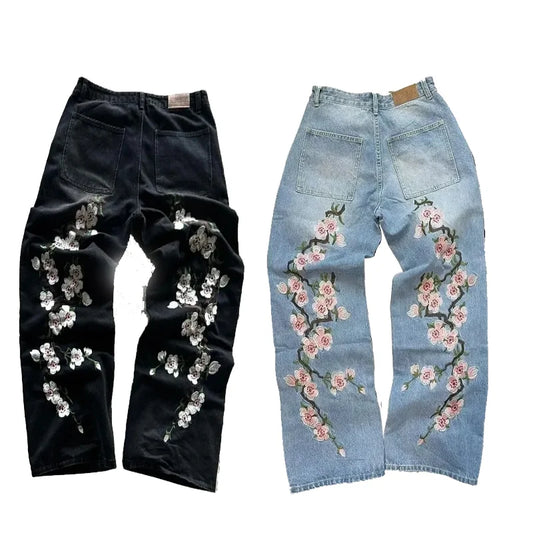 Y2K Gothic Cherry Embroidered Wide-Leg Jeans – Unisex Streetwear - Inarah Trade Ltd