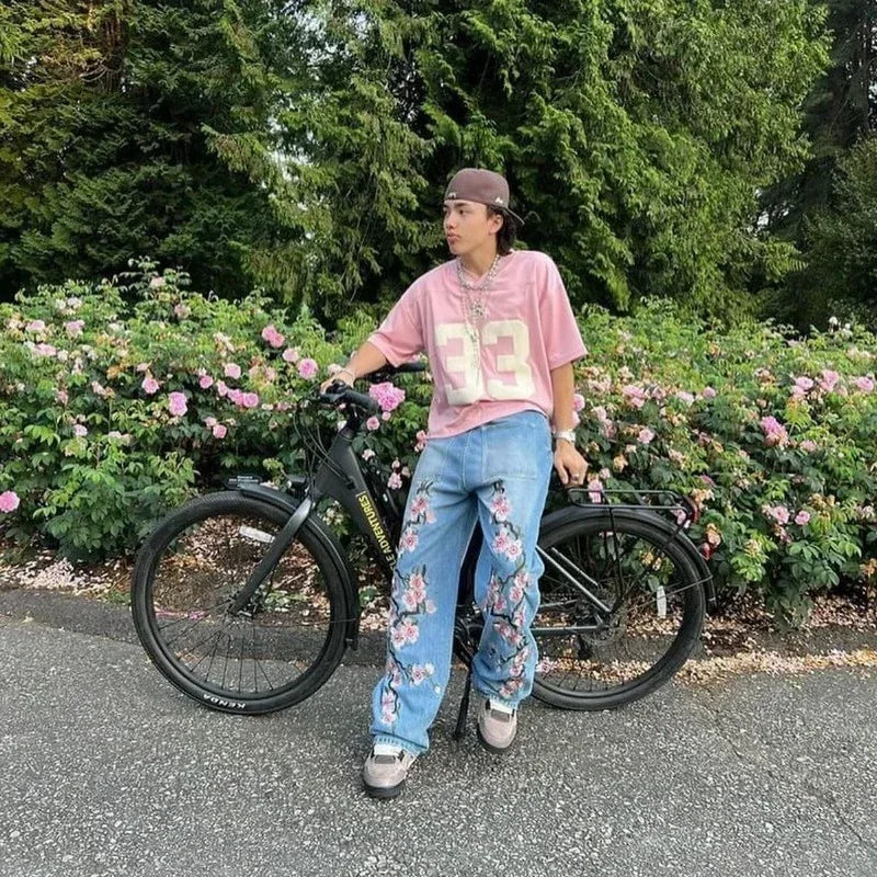 Y2K Gothic Cherry Embroidered Wide-Leg Jeans – Unisex Streetwear - Inarah Trade Ltd