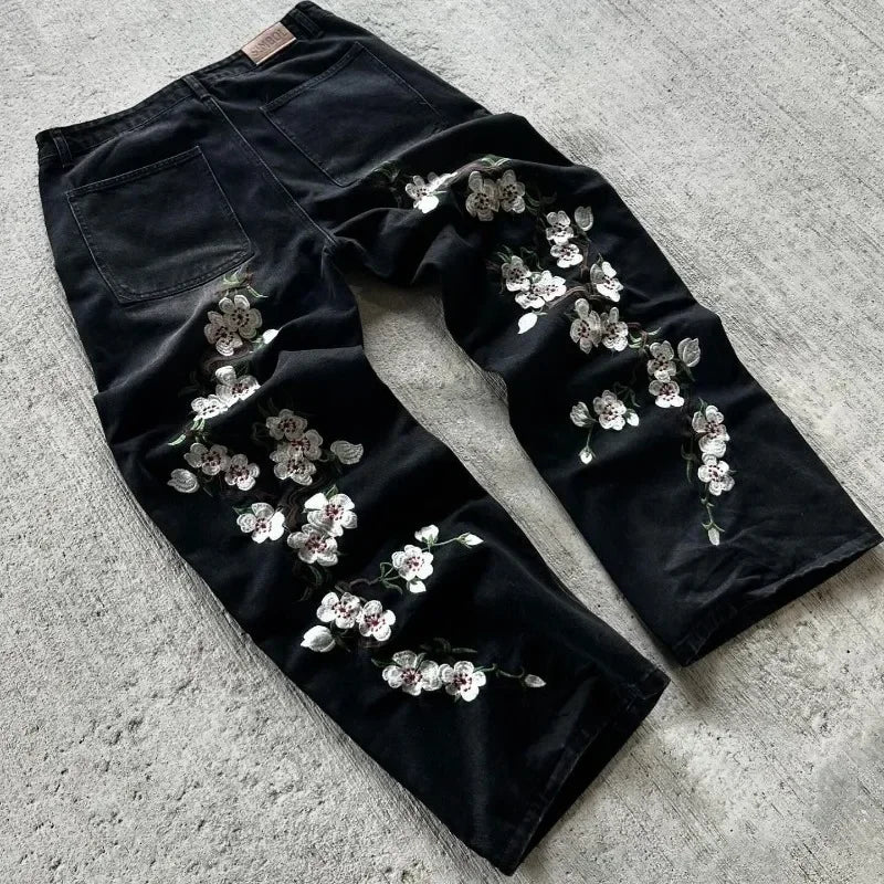 Y2K Gothic Cherry Embroidered Wide-Leg Jeans – Unisex Streetwear - Inarah Trade Ltd