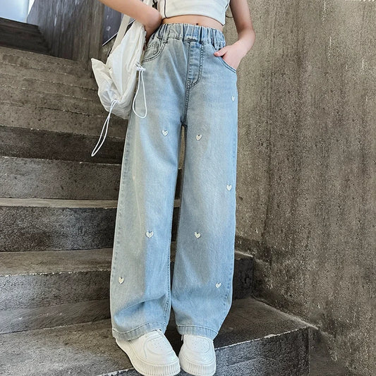 Girls' Summer Wide-Leg Jeans – Solid Color with Heart Detail - Inarah Trade Ltd
