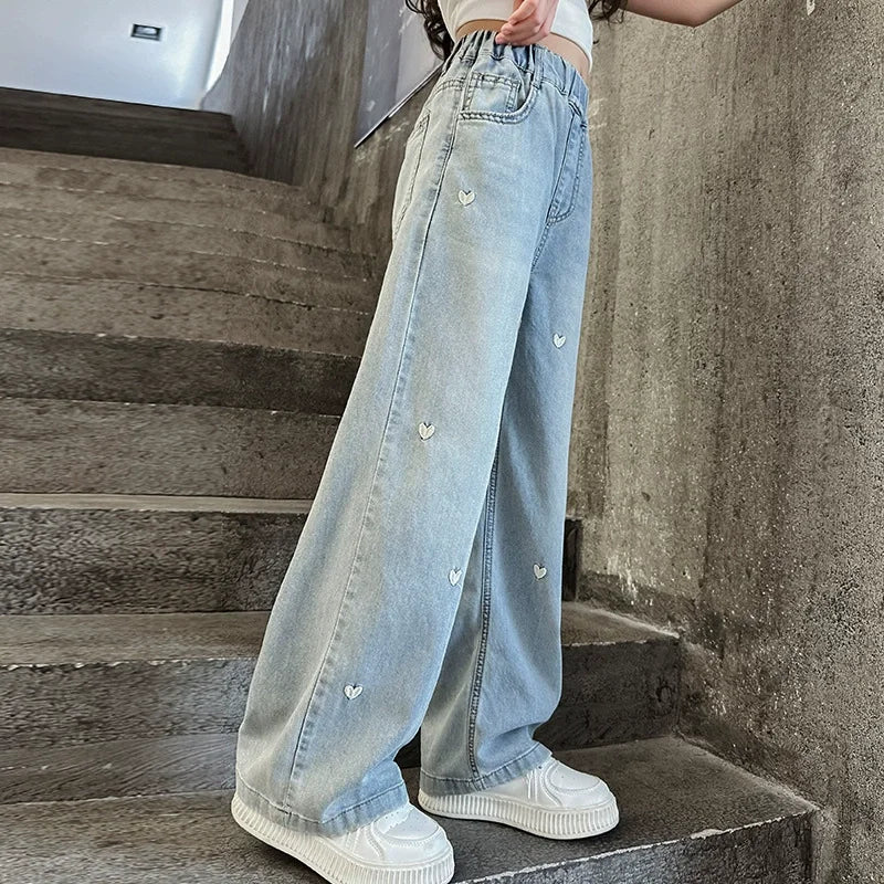 Girls' Summer Wide-Leg Jeans – Solid Color with Heart Detail - Inarah Trade Ltd