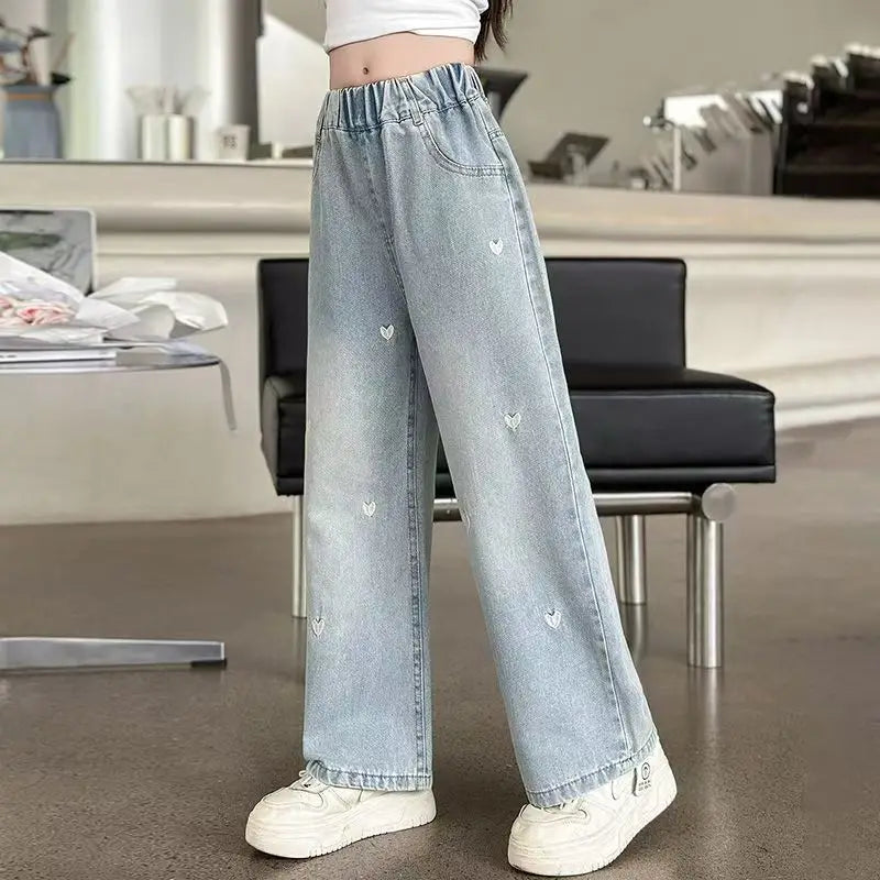 Girls' Summer Wide-Leg Jeans – Solid Color with Heart Detail - Inarah Trade Ltd