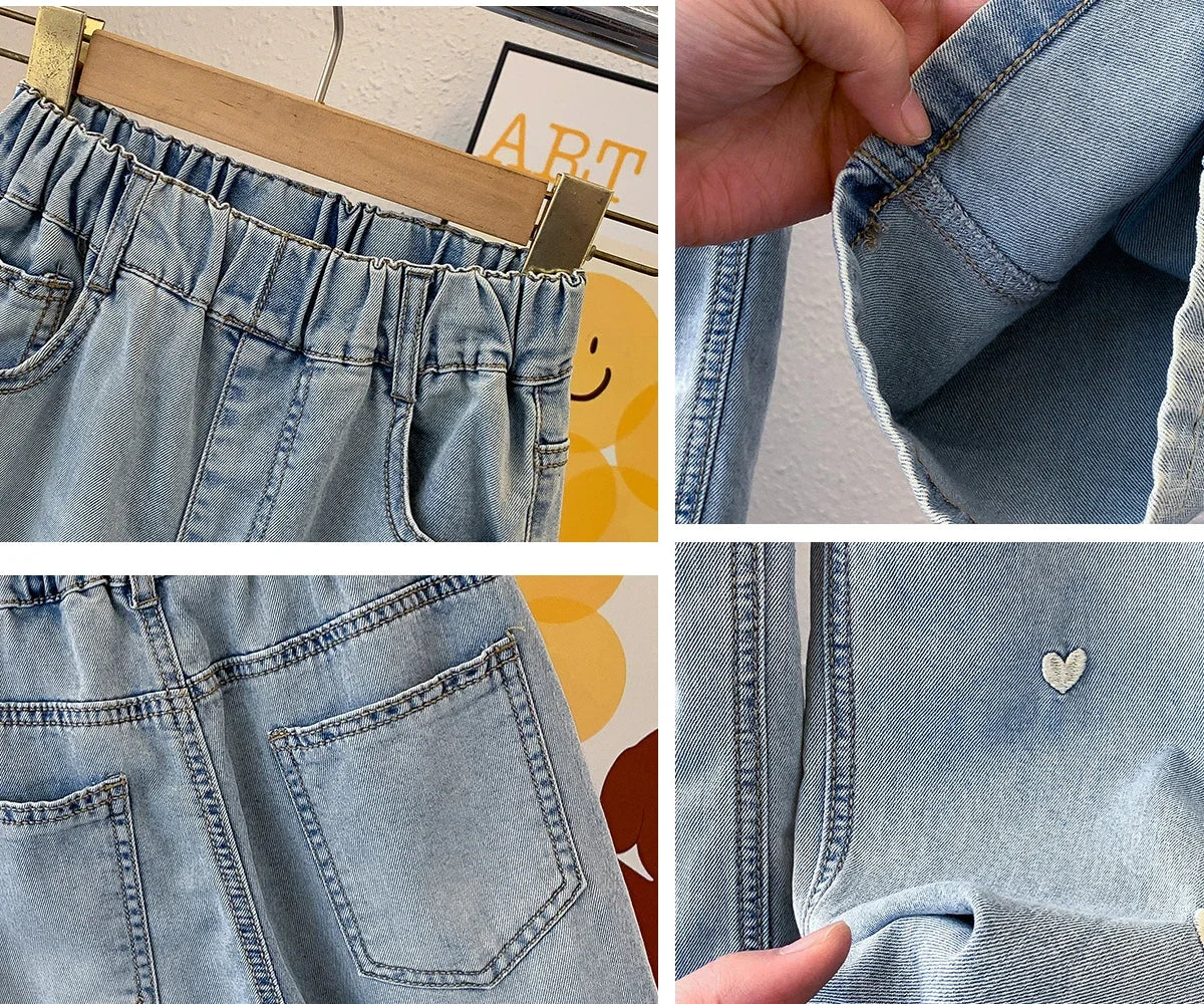 Girls' Summer Wide-Leg Jeans – Solid Color with Heart Detail - Inarah Trade Ltd
