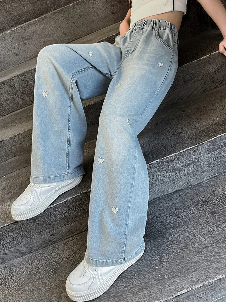 Girls' Summer Wide-Leg Jeans – Solid Color with Heart Detail - Inarah Trade Ltd