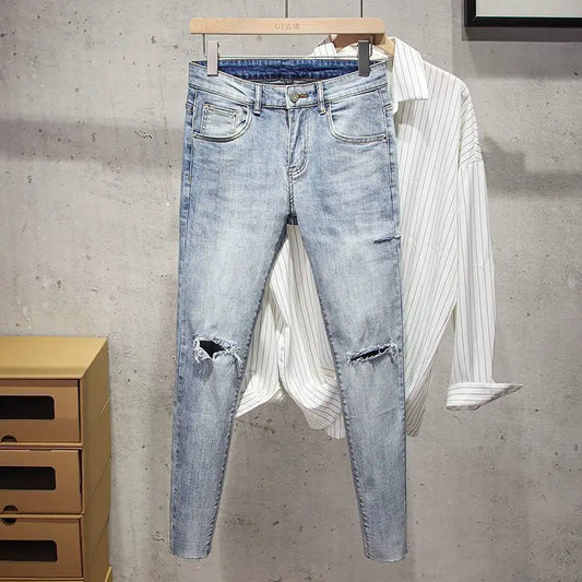 Korean Style Slim Fit Distressed Denim Jeans for Men - Inarah Trade Ltd