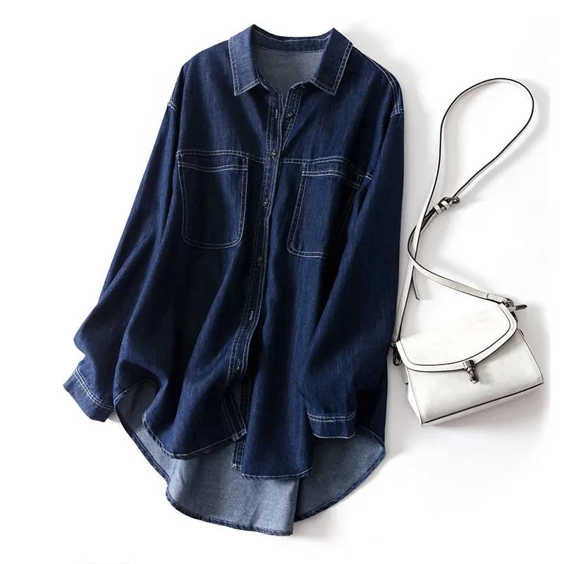 Oversized Loose Denim Shirt for Women – Polo Collar Casual Blouse - Inarah Trade Ltd