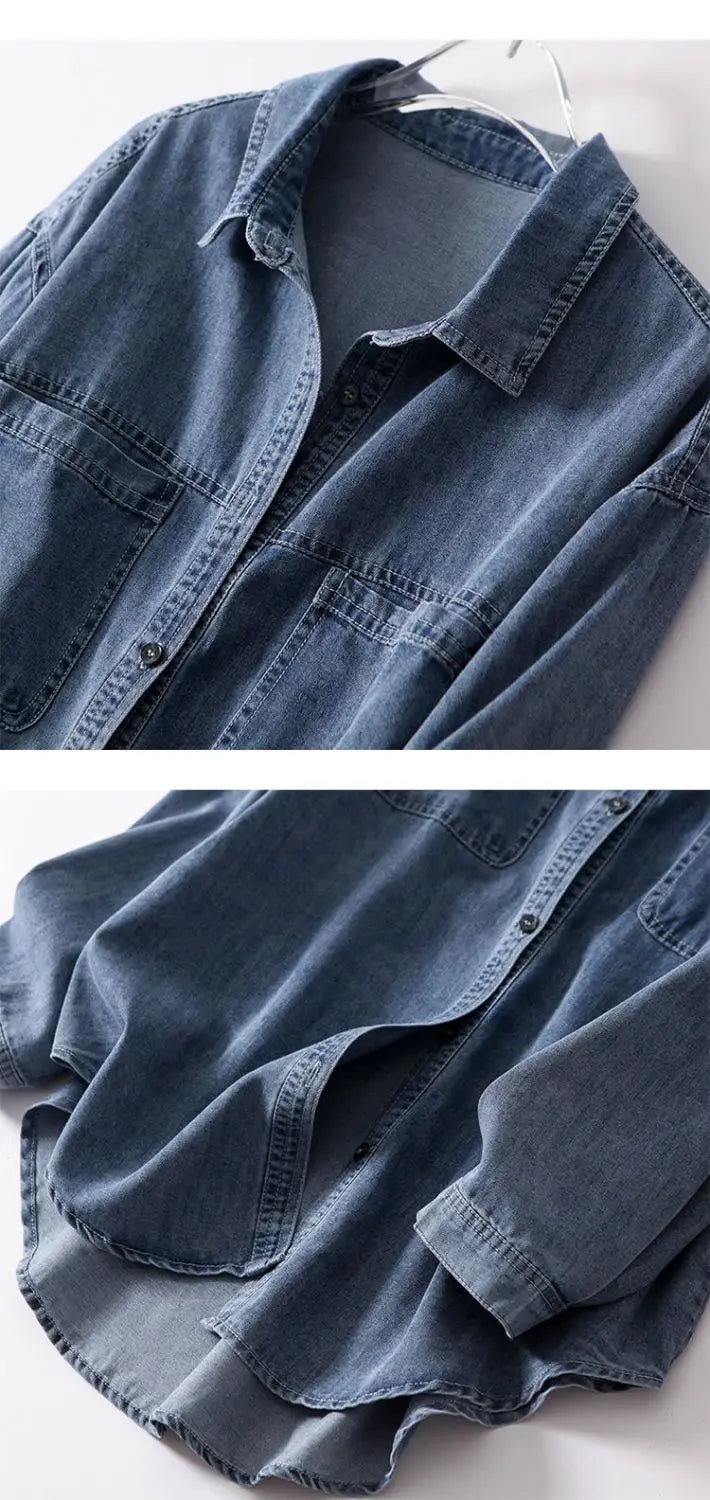 Oversized Loose Denim Shirt for Women – Polo Collar Casual Blouse - Inarah Trade Ltd