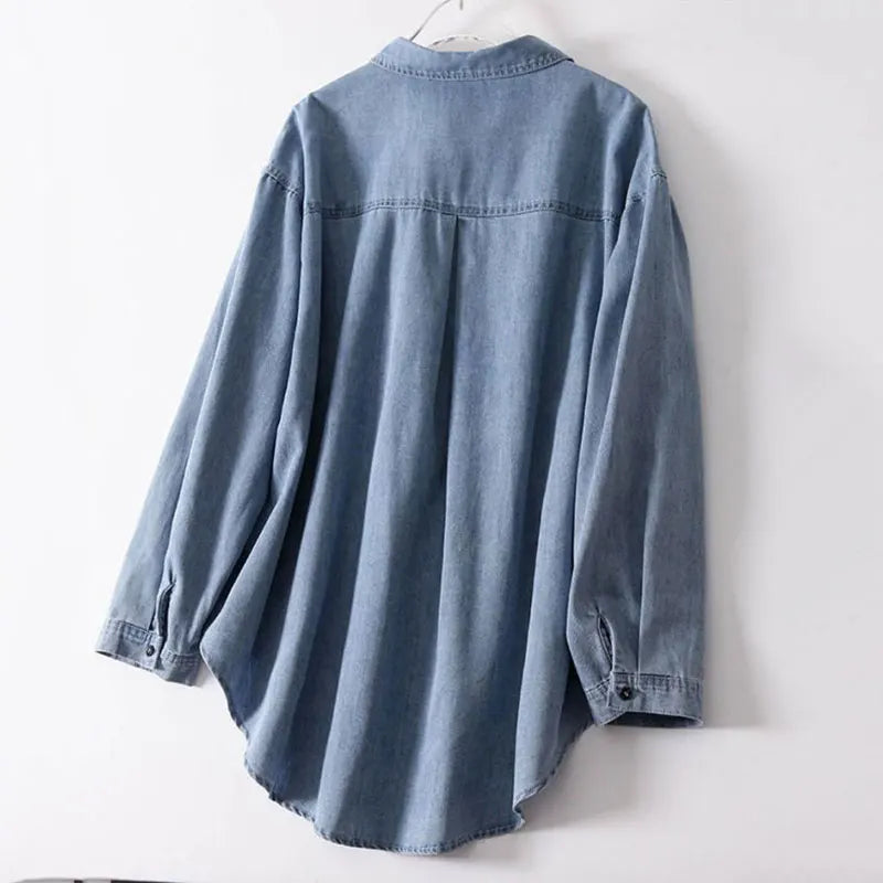 Oversized Loose Denim Shirt for Women – Polo Collar Casual Blouse - Inarah Trade Ltd