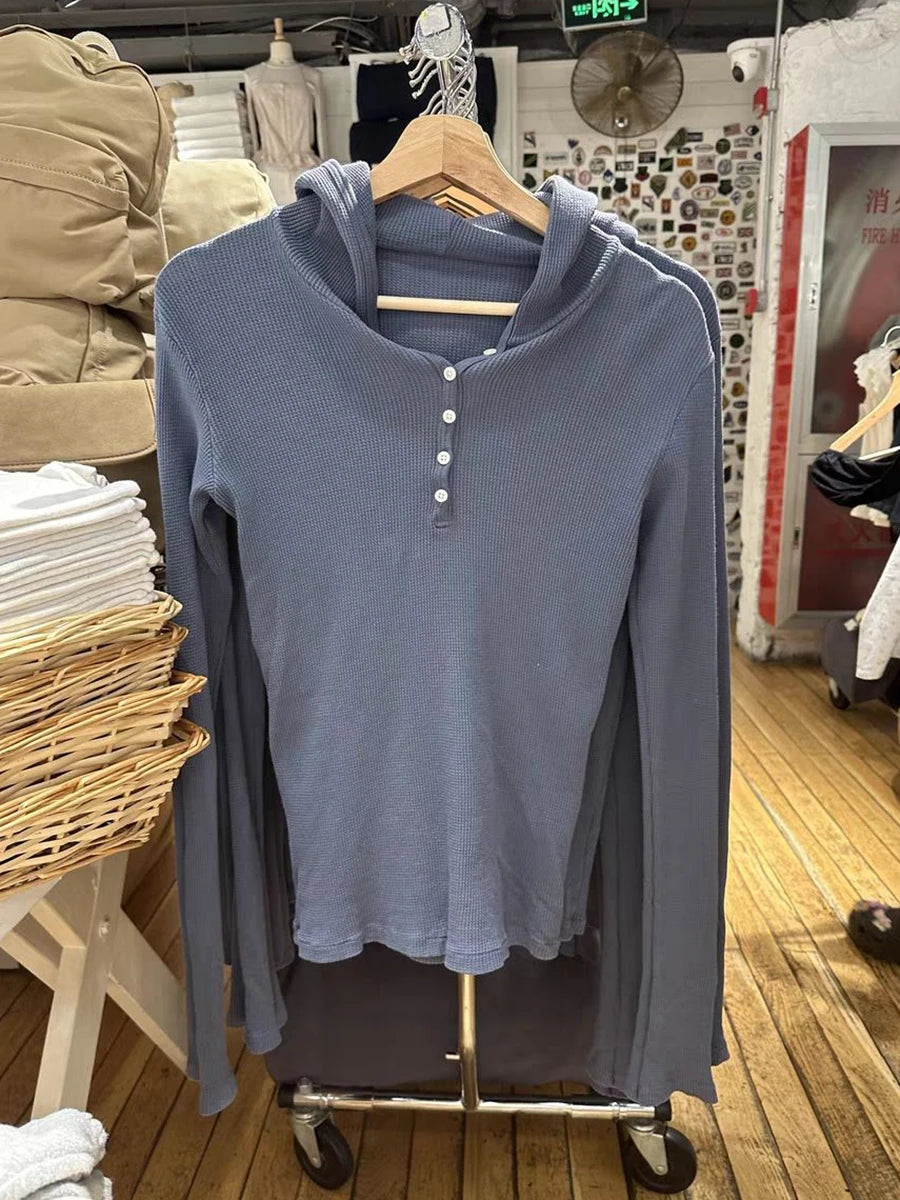 Waffle Knit Hooded Long Sleeve T-Shirt – Vintage Denim Blue Y2K Style - Inarah Trade Ltd