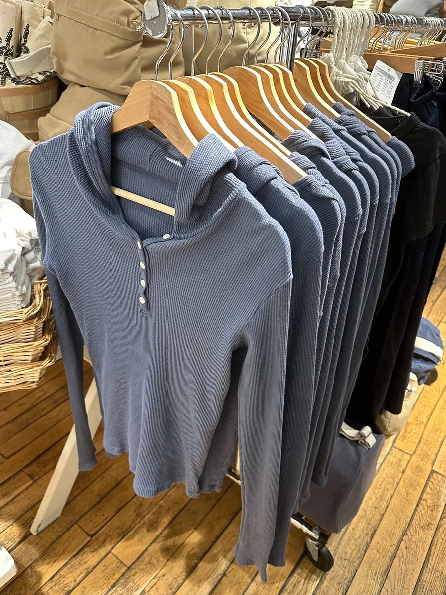 Waffle Knit Hooded Long Sleeve T-Shirt – Vintage Denim Blue Y2K Style - Inarah Trade Ltd