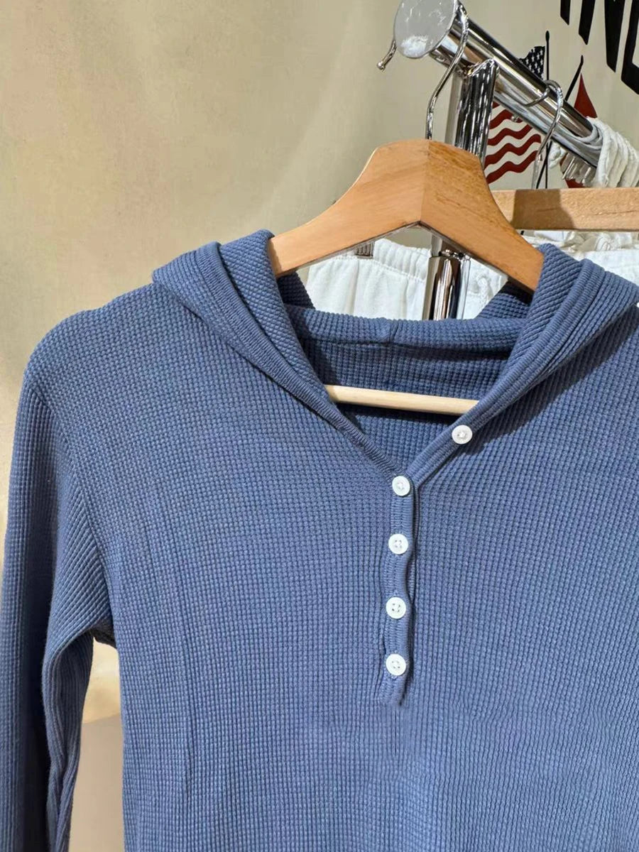 Waffle Knit Hooded Long Sleeve T-Shirt – Vintage Denim Blue Y2K Style - Inarah Trade Ltd