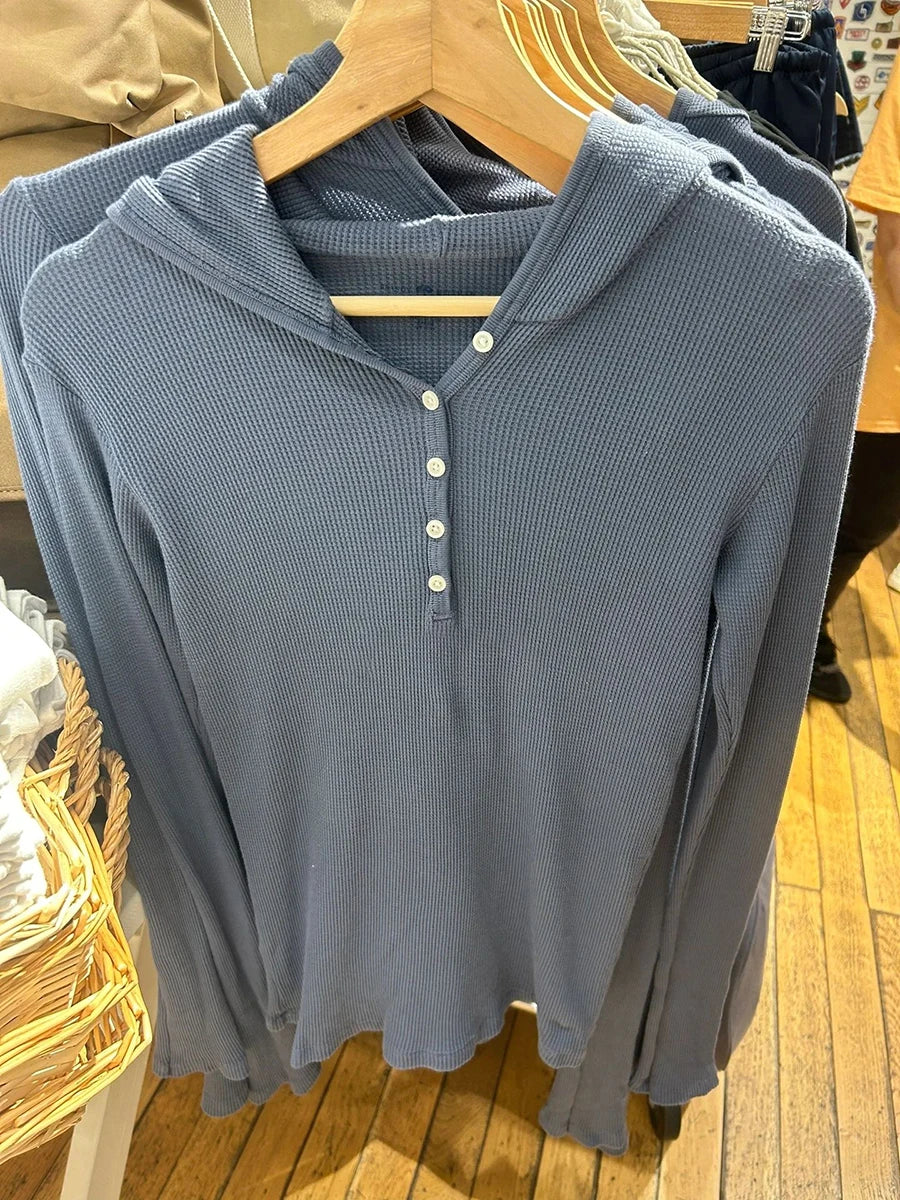 Waffle Knit Hooded Long Sleeve T-Shirt – Vintage Denim Blue Y2K Style - Inarah Trade Ltd