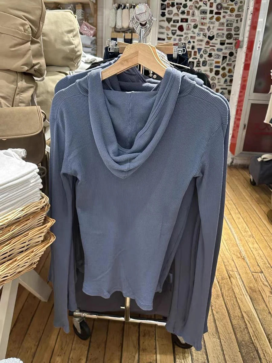 Waffle Knit Hooded Long Sleeve T-Shirt – Vintage Denim Blue Y2K Style - Inarah Trade Ltd