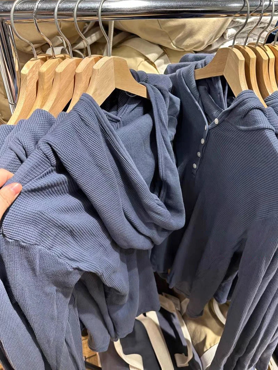 Waffle Knit Hooded Long Sleeve T-Shirt – Vintage Denim Blue Y2K Style - Inarah Trade Ltd