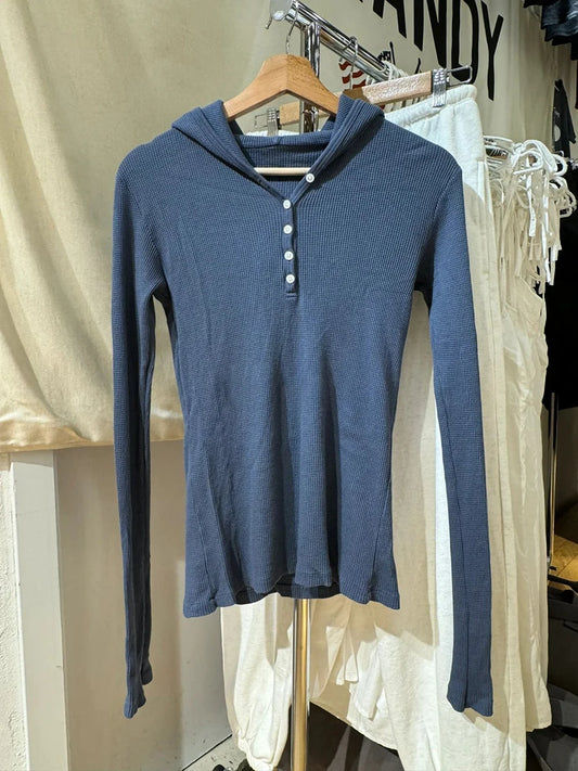 Waffle Knit Hooded Long Sleeve T-Shirt – Vintage Denim Blue Y2K Style - Inarah Trade Ltd