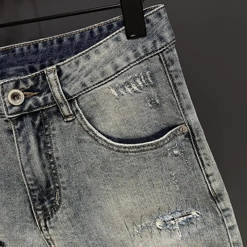 Style Men’s Spliced Denim Shorts – Stretch Knee-Length - Inarah Trade Ltd