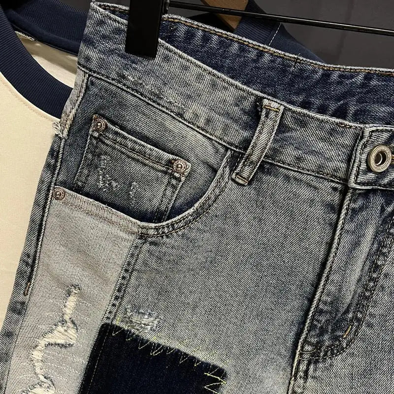 Style Men’s Spliced Denim Shorts – Stretch Knee-Length - Inarah Trade Ltd