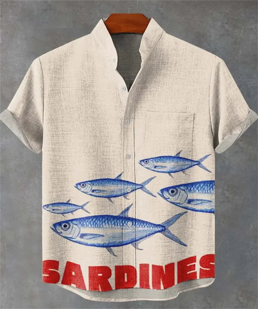 Men’s 3D Fish Print Linen Shirt – Summer Casual Button-Up - Inarah Trade Ltd