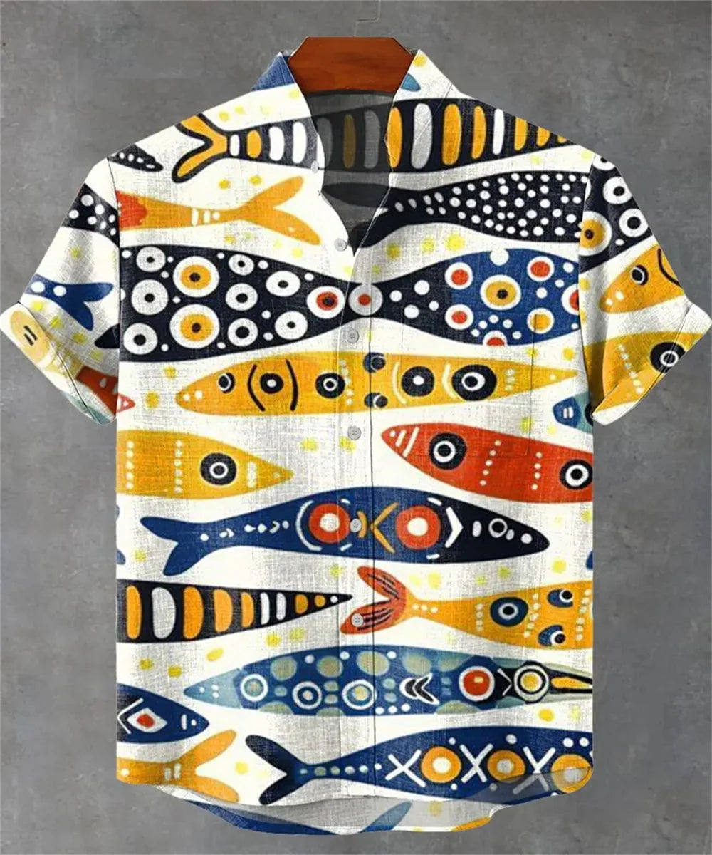 Men’s 3D Fish Print Linen Shirt – Summer Casual Button-Up - Inarah Trade Ltd