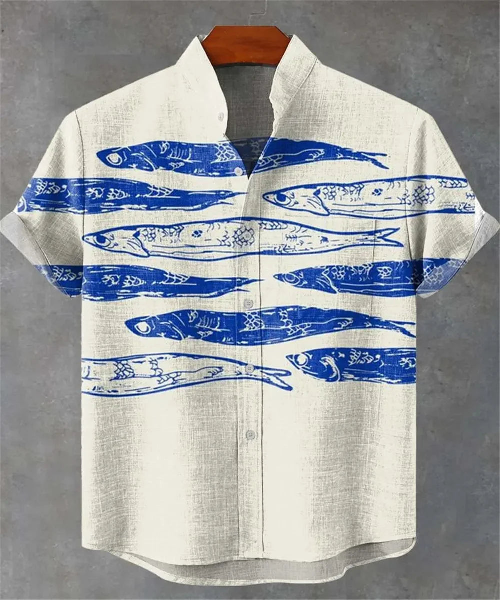 Men’s 3D Fish Print Linen Shirt – Summer Casual Button-Up - Inarah Trade Ltd