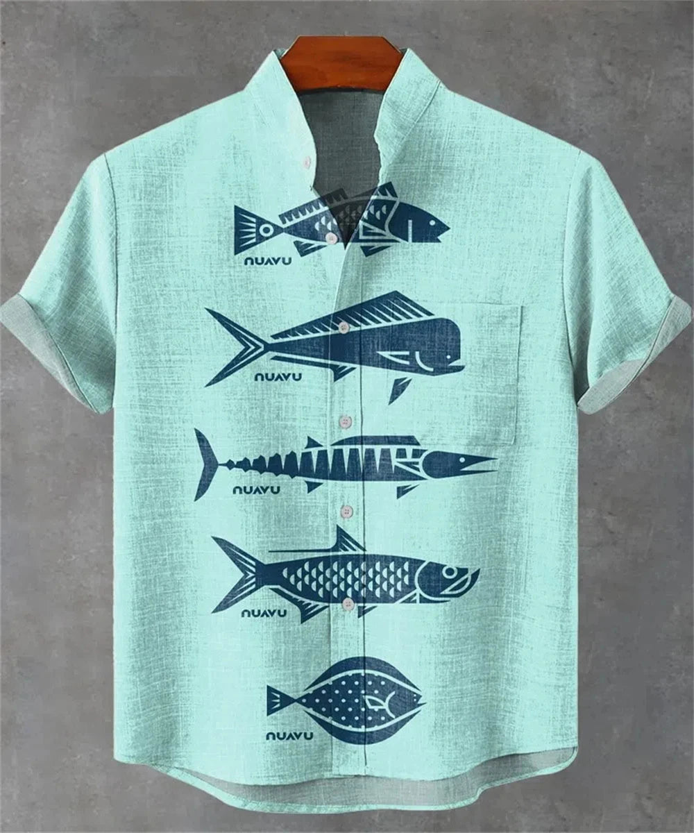 Men’s 3D Fish Print Linen Shirt – Summer Casual Button-Up - Inarah Trade Ltd