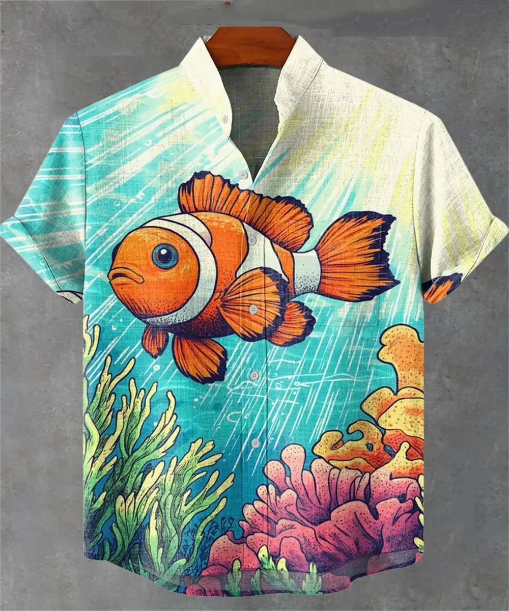 Men’s 3D Fish Print Linen Shirt – Summer Casual Button-Up - Inarah Trade Ltd