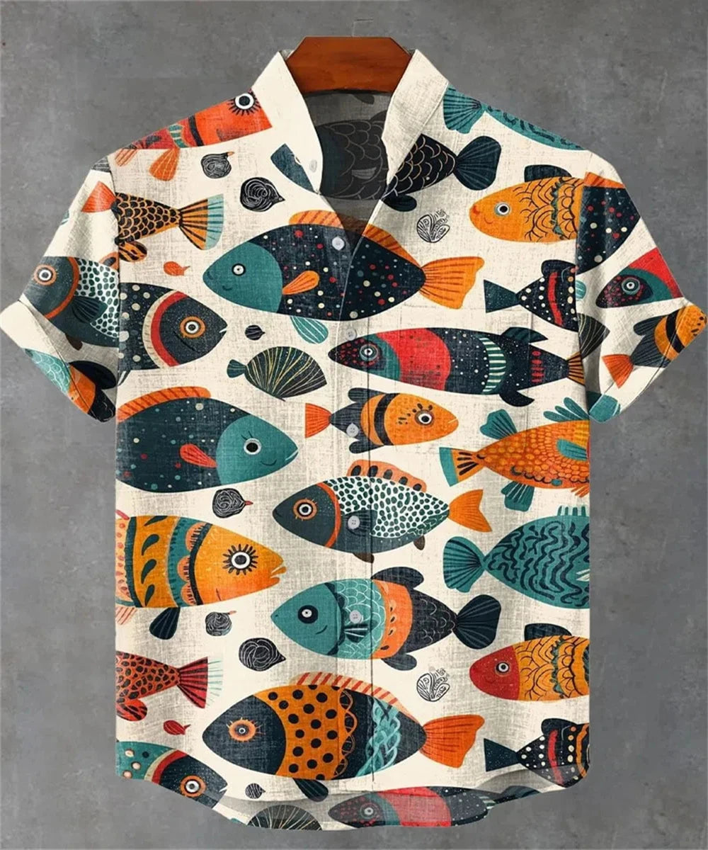 Men’s 3D Fish Print Linen Shirt – Summer Casual Button-Up - Inarah Trade Ltd
