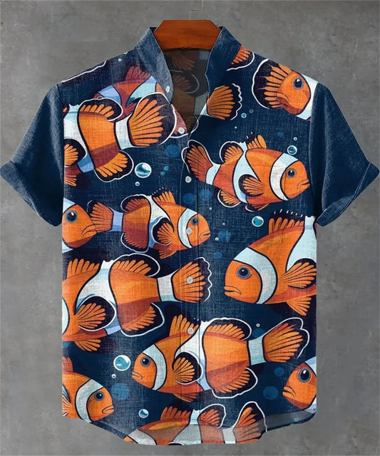 Men’s 3D Fish Print Linen Shirt – Summer Casual Button-Up - Inarah Trade Ltd
