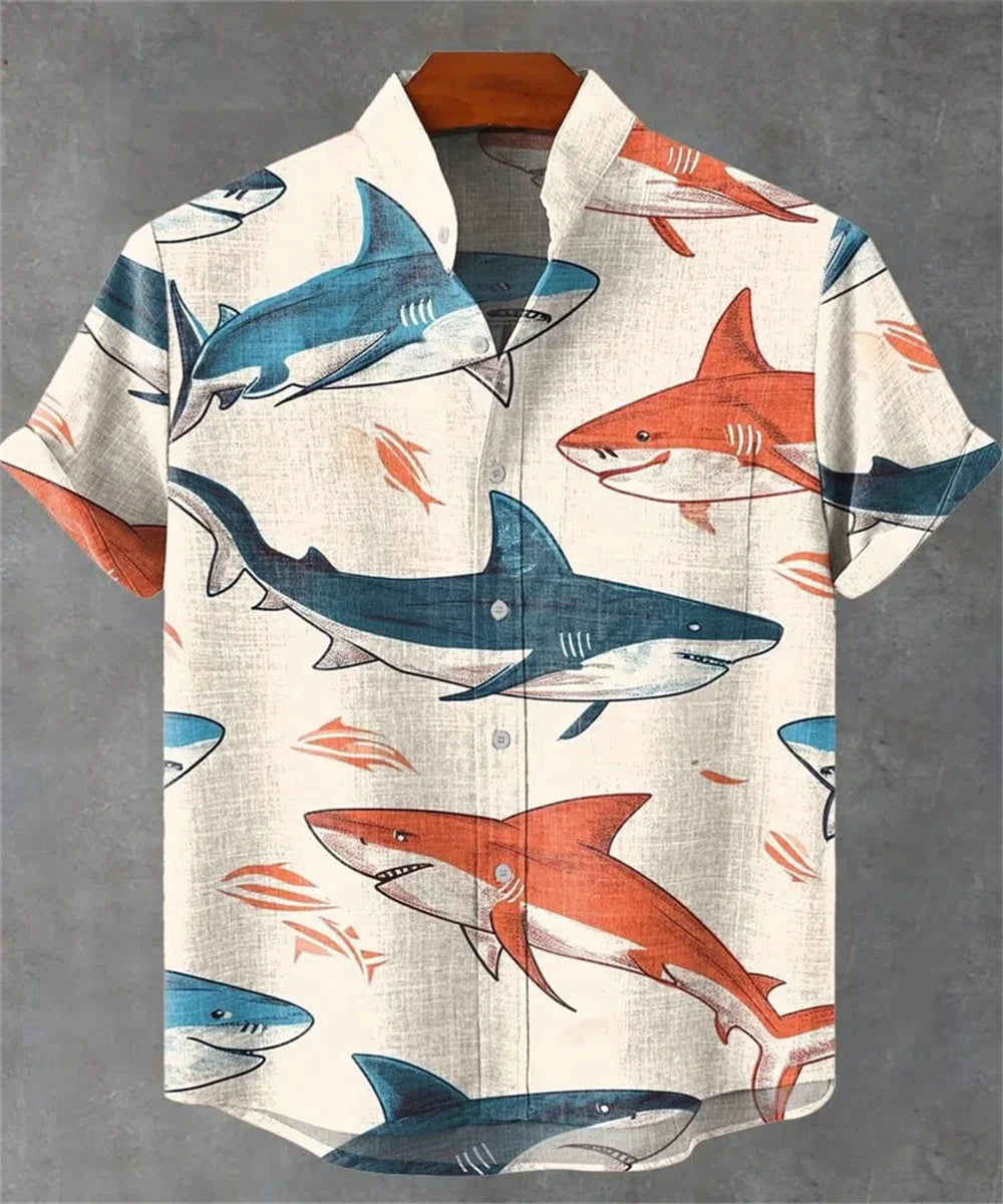 Men’s 3D Fish Print Linen Shirt – Summer Casual Button-Up - Inarah Trade Ltd