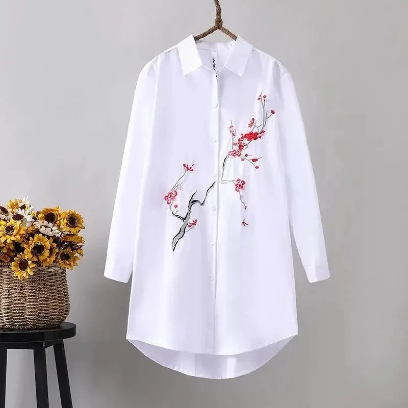 2024 Embroidered White Shirt – Women’s Long Sleeve Loose Blouse Jacket - Inarah Trade Ltd
