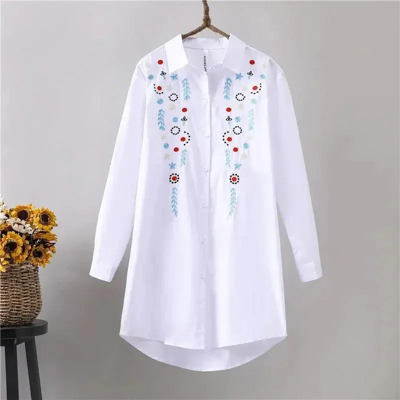 2024 Embroidered White Shirt – Women’s Long Sleeve Loose Blouse Jacket - Inarah Trade Ltd