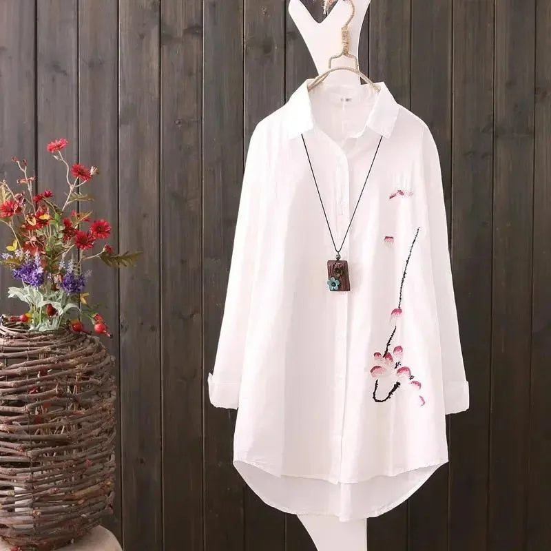 2024 Embroidered White Shirt – Women’s Long Sleeve Loose Blouse Jacket - Inarah Trade Ltd