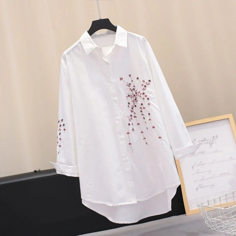 2024 Embroidered White Shirt – Women’s Long Sleeve Loose Blouse Jacket - Inarah Trade Ltd
