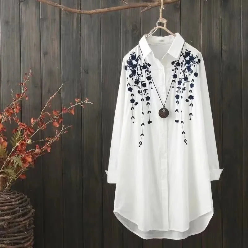 2024 Embroidered White Shirt – Women’s Long Sleeve Loose Blouse Jacket - Inarah Trade Ltd