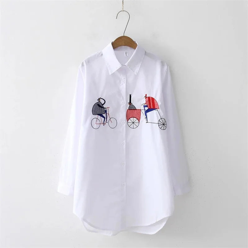 2024 Embroidered White Shirt – Women’s Long Sleeve Loose Blouse Jacket - Inarah Trade Ltd