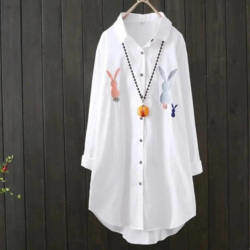 2024 Embroidered White Shirt – Women’s Long Sleeve Loose Blouse Jacket - Inarah Trade Ltd