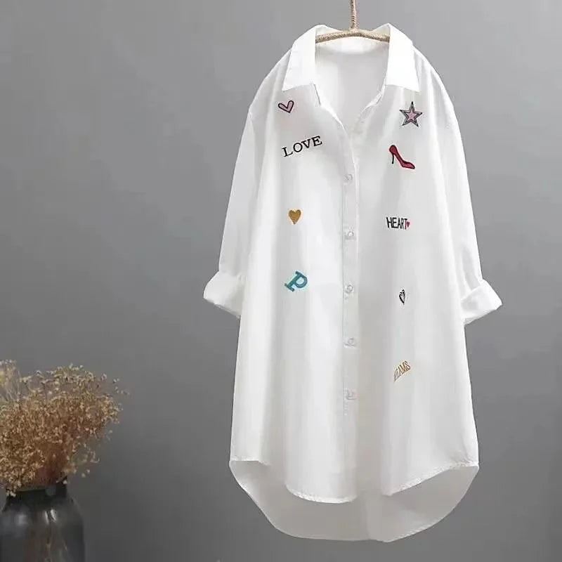 2024 Embroidered White Shirt – Women’s Long Sleeve Loose Blouse Jacket - Inarah Trade Ltd