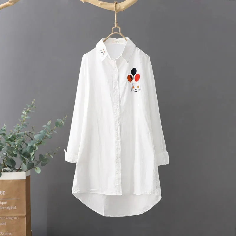 2024 Embroidered White Shirt – Women’s Long Sleeve Loose Blouse Jacket - Inarah Trade Ltd