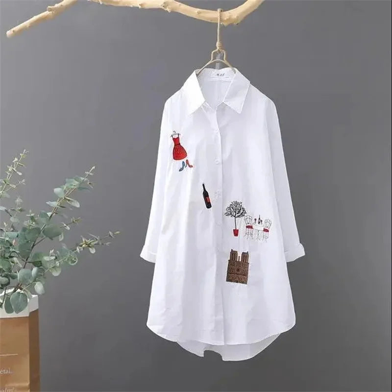 2024 Embroidered White Shirt – Women’s Long Sleeve Loose Blouse Jacket - Inarah Trade Ltd