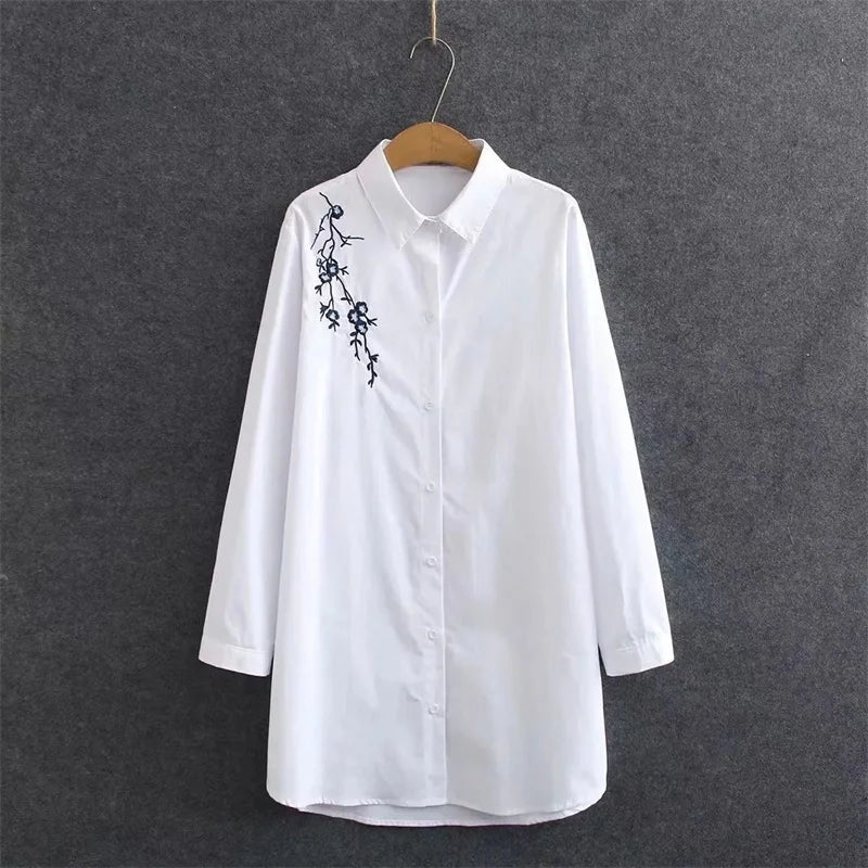 2024 Embroidered White Shirt – Women’s Long Sleeve Loose Blouse Jacket - Inarah Trade Ltd