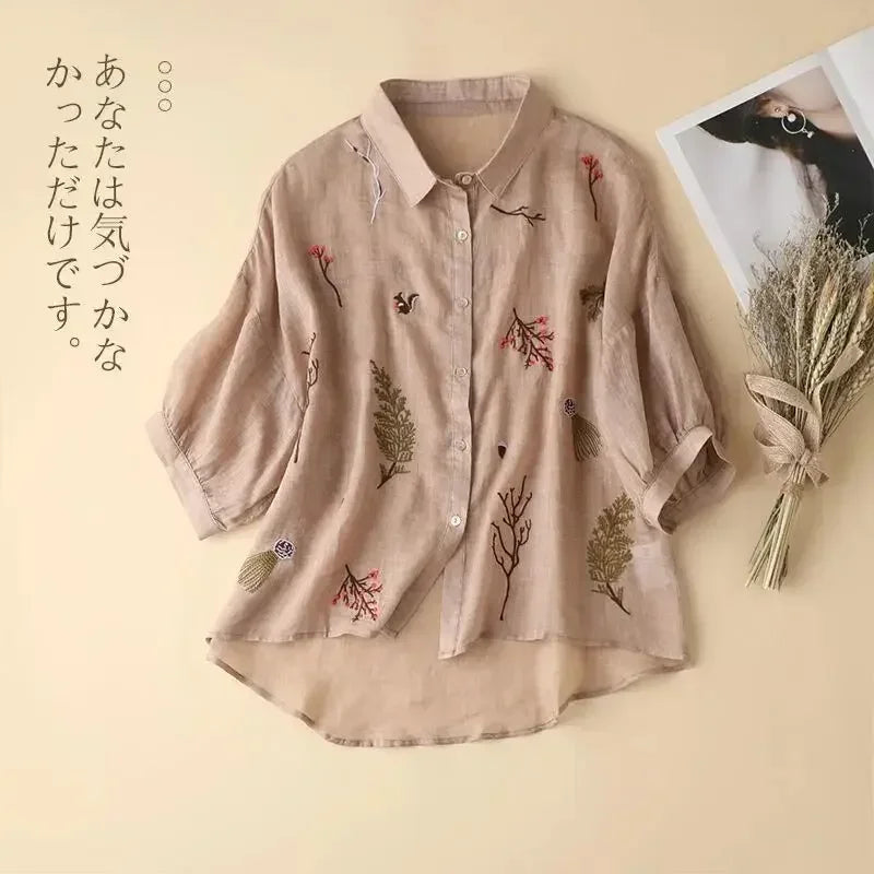 Summer Cotton-Linen Embroidered Shirt – Women’s Casual Top - Inarah Trade Ltd