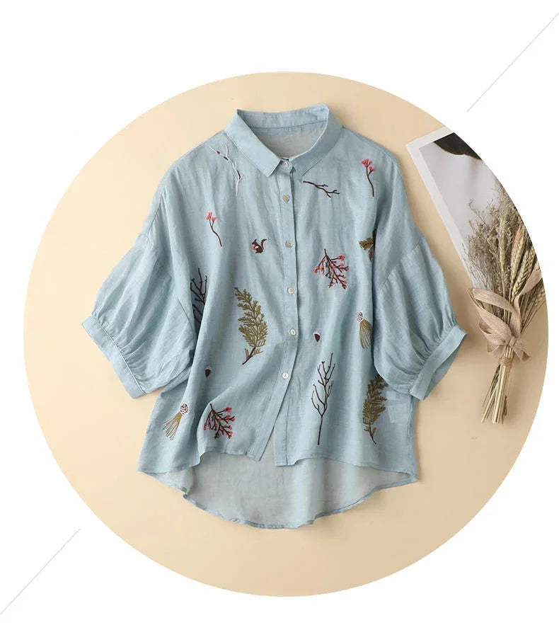 Summer Cotton-Linen Embroidered Shirt – Women’s Casual Top - Inarah Trade Ltd