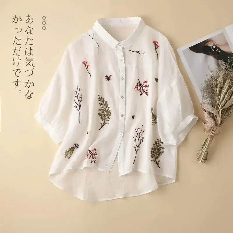 Summer Cotton-Linen Embroidered Shirt – Women’s Casual Top - Inarah Trade Ltd