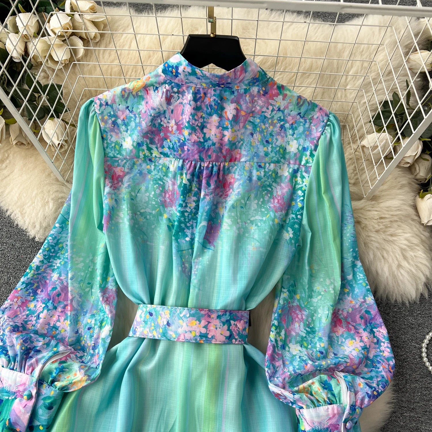 Retro Chiffon Dress – Elegant Print, Stand Collar, Long Sleeve - Inarah Trade Ltd