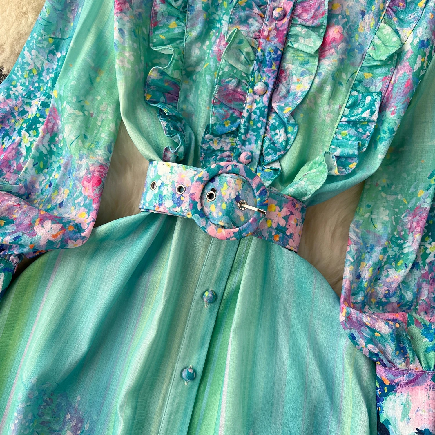 Retro Chiffon Dress – Elegant Print, Stand Collar, Long Sleeve - Inarah Trade Ltd